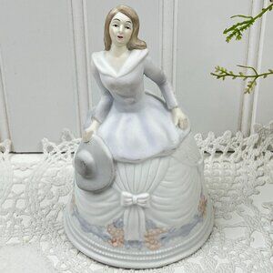 Victorian Ceramic Dinner Bell Woman Figurine Hat Bow Dress Floral Cabinet Piece